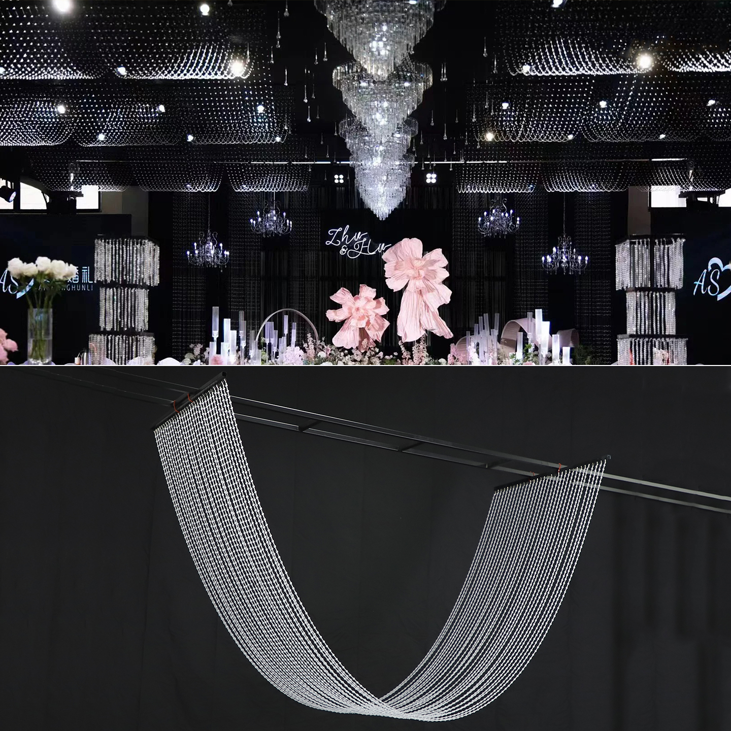 婚庆亚克力水晶珠帘吊顶布置婚礼宴会厅舞台波浪珍珠链装饰道具