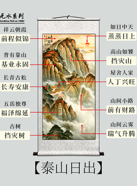 竖版泰山日出靠山图客厅挂画玄关有山无水山水画办公室卷轴装饰画