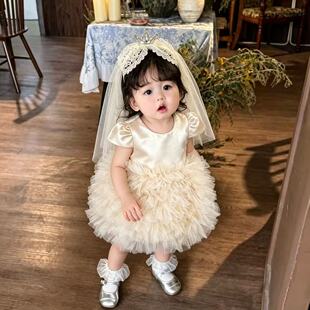 女童周岁生日抓周服小花童婚纱礼服女公主裙短袖礼服蓬蓬裙蛋糕裙