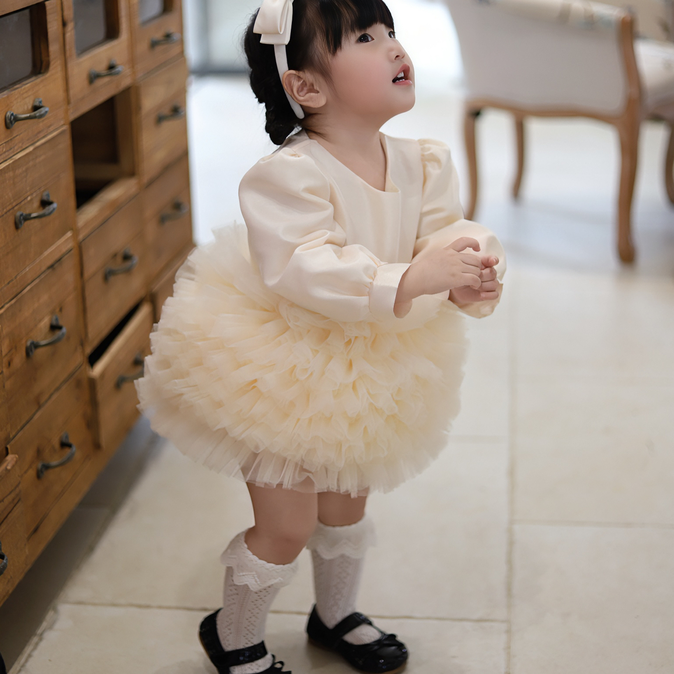 女童周岁生日抓周服小花童婚纱礼服女公主裙长袖礼服蓬蓬裙蛋糕裙