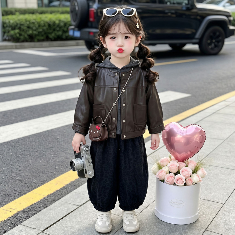 女童春秋装休闲皮衣三件套2026新款小女孩超洋气穿搭秋款衣服套装