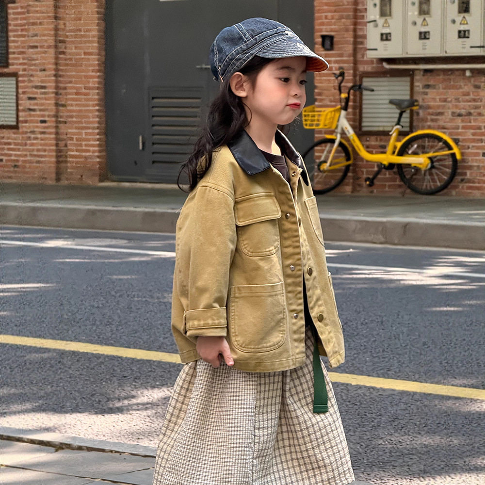 儿童拼皮洗褪百搭外套秋装新款男女童可穿复古miu系中长款风衣