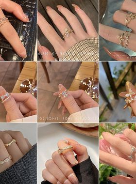 韩小众戒指镶简约奢锆石网红轻ins微环女双层食指日高级感开口