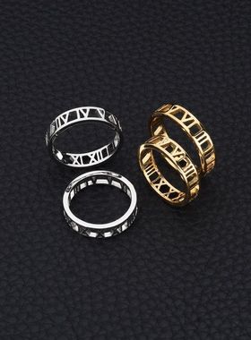 欧美罗马数字钢不女时尚指环 男潮配饰跨境戒指镂空高品质掉色钛