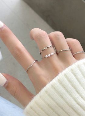 韩网红简约组合指环珍珠尾戒五件套戒指戒指女日个性ins波浪形
