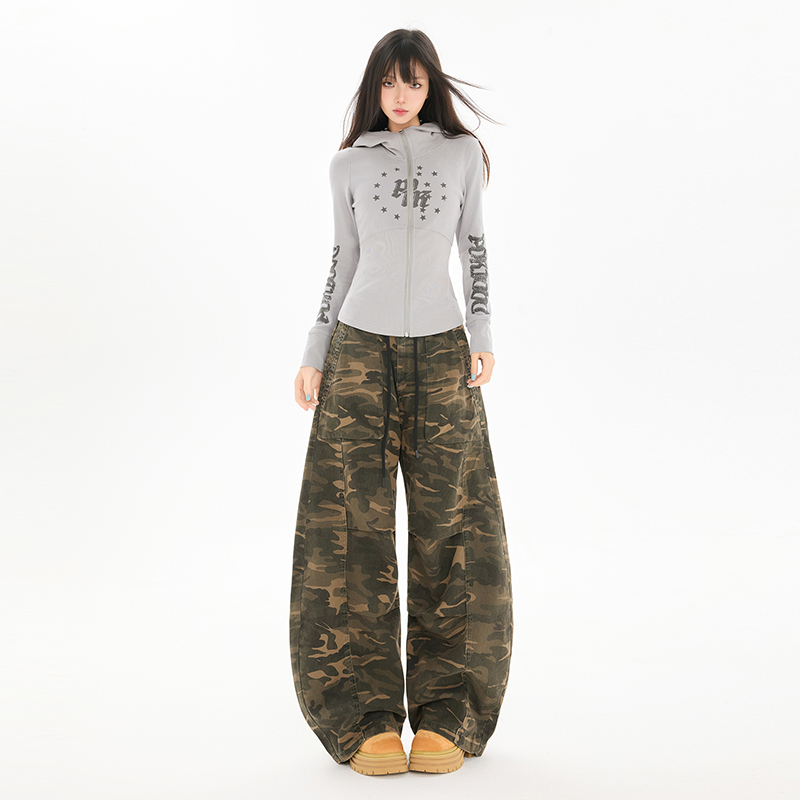 YD@美式设计感迷彩弯刀休闲裤秋季新款高腰宽松显瘦百搭阔腿裤子