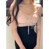 圆领短袖 Mummy 中古感蕾丝抽褶泡泡袖 珍珠腮红 上衣 Cat下蛋喵