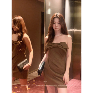 MummyCat下蛋喵 焦糖棕羊毛复古蝴蝶结抹胸连衣裙 早秋曼哈顿