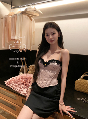 Mummy Cat下蛋喵 【甜美の哲学】缎面波点蕾丝鱼骨带胸垫吊带胸衣
