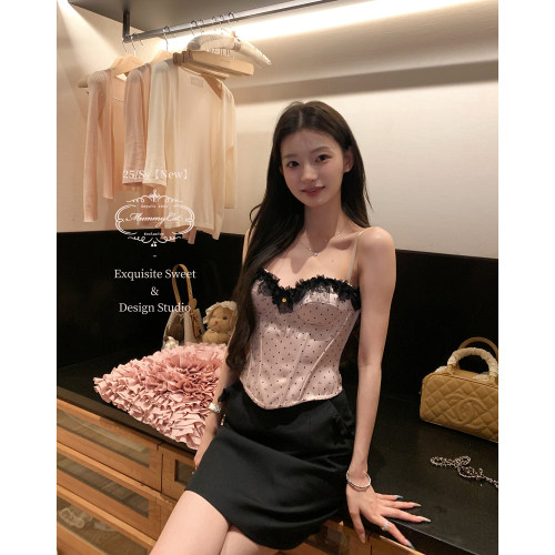 巴洛克缎面波点蕾丝鱼骨吊带胸衣