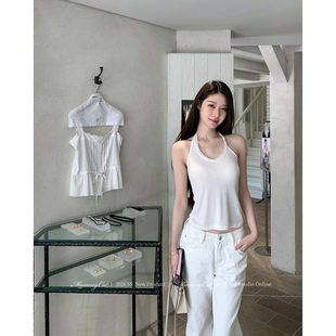 Mummy Cat 下蛋喵 26新品桑蚕丝飘带醋酸莫代尔挂脖针织背心上衣