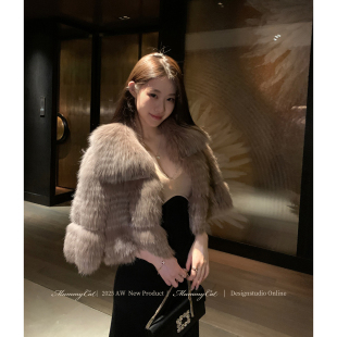 MummyCat下蛋喵 100芬兰进口一字狐灰紫色皮草外套 新品