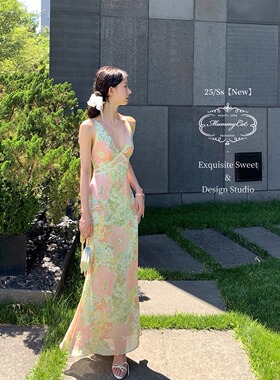 Mummy Cat下蛋喵 【加州美梦】新品100人丝飘逸v领交叉绑带长裙