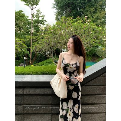MummyCat下蛋喵【夏日晚风】新品100人丝斜裁印花度假吊带连衣裙