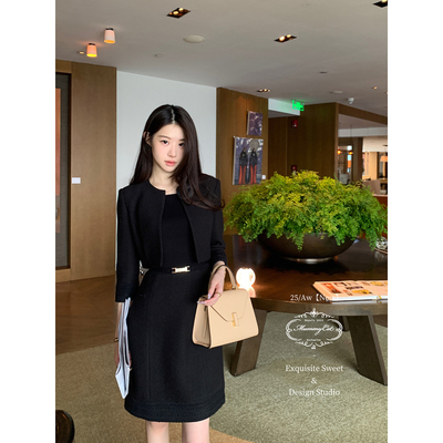 黑色高级千金外套连衣裙套装