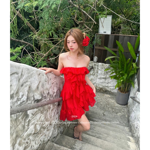 雨林玫瑰 下蛋喵 显白不规则荷叶露背度假连衣裙 Cat Mummy