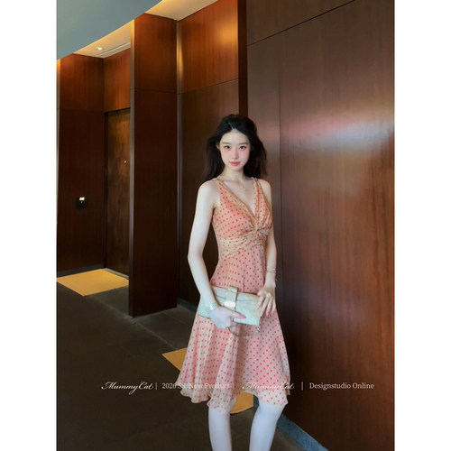 桑蚕丝人丝波点复古扭结连衣裙