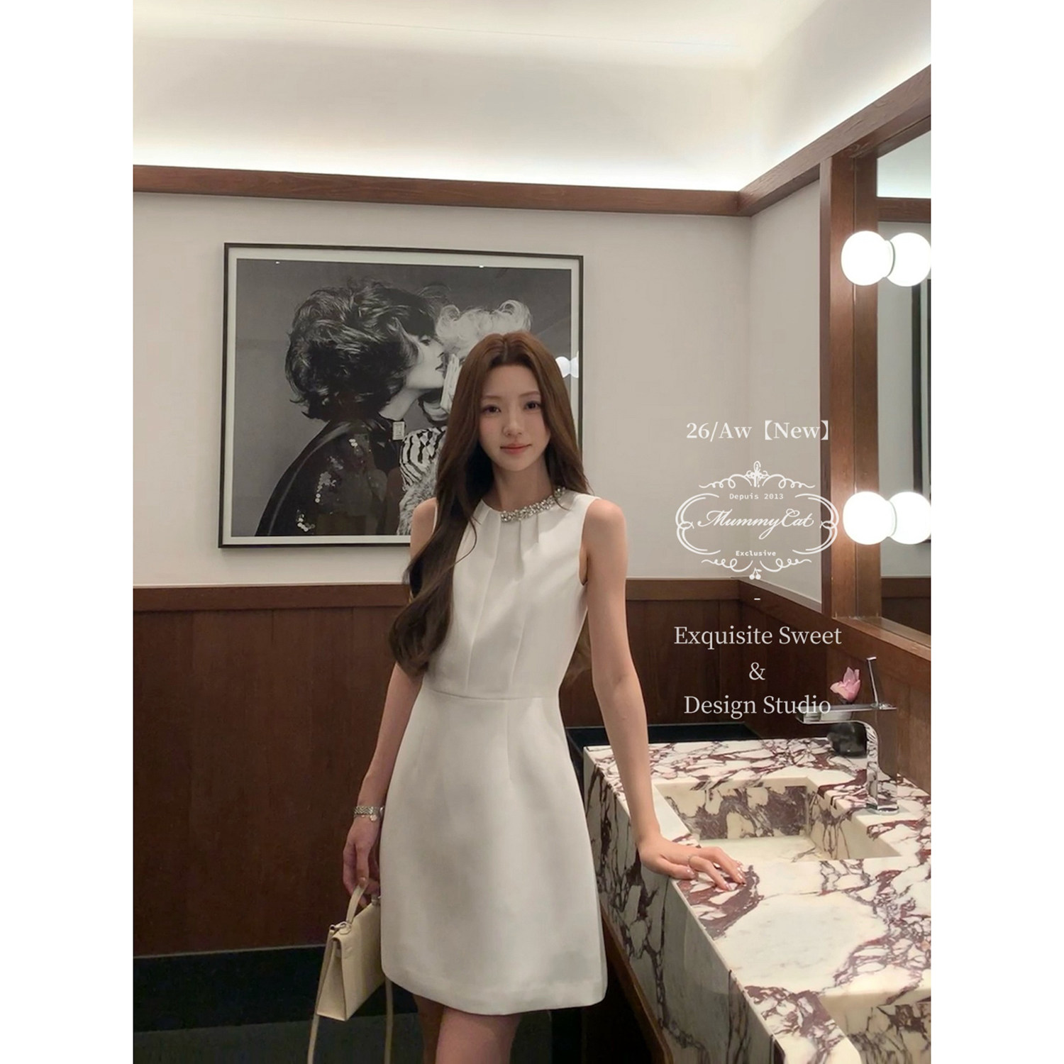 Mummy Cat 下蛋喵【钻石玫瑰】26新品千金气质镶钻压褶无袖连衣裙