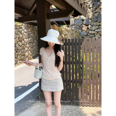 古早美女v领镂空微透显瘦针织T恤