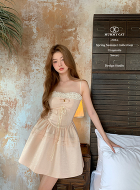 Mummy Cat下蛋喵 日杂千金精致甜美蝴蝶结绑带蕾丝短款吊带连衣裙