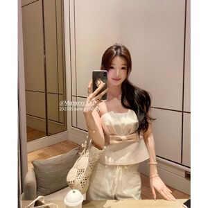 MummyCat下蛋喵【午茶小调】甜美缎面抽褶蝴蝶结拼接抹胸胸衣上衣