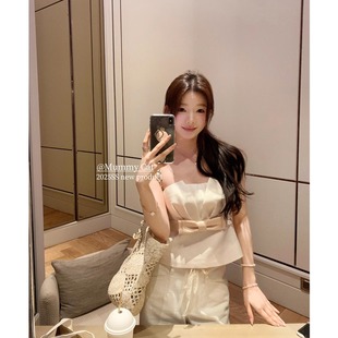 午茶小调 MummyCat下蛋喵 甜美缎面抽褶蝴蝶结拼接抹胸胸衣上衣