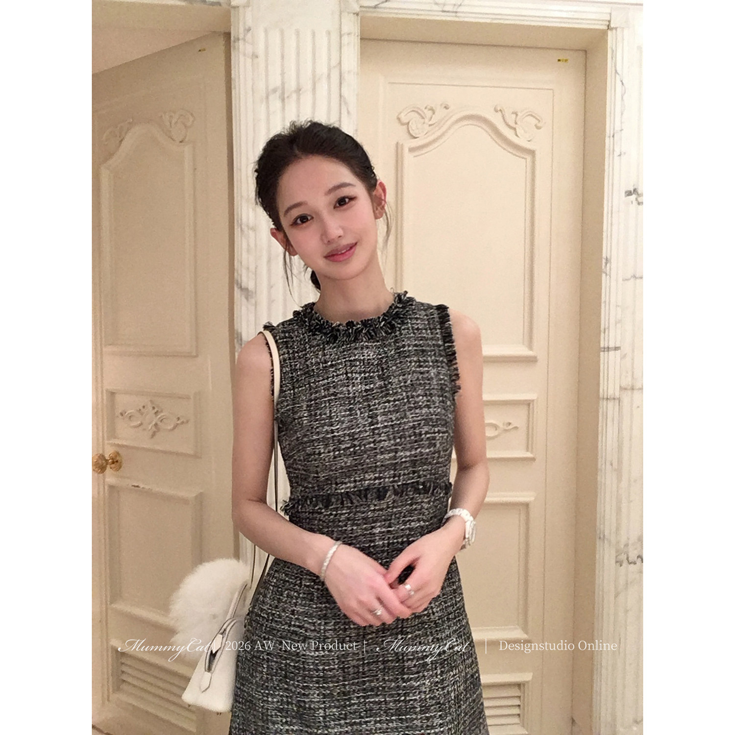 小香风法式灰色无袖连衣裙