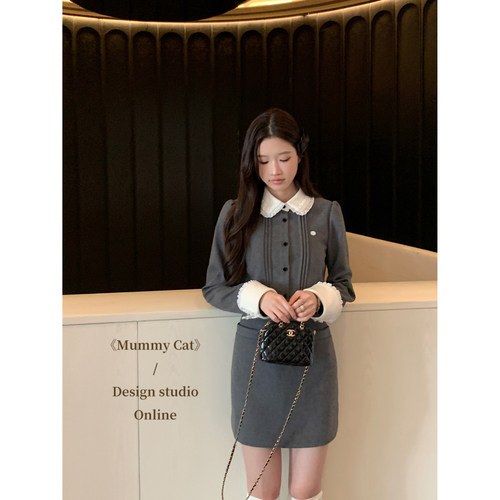 格雷灰白拼色翻领衬衫连衣裙套装