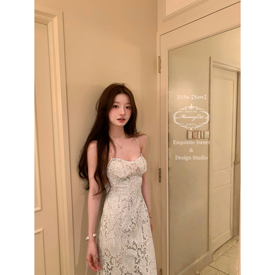 盐水蓝镂空提花露背度假连衣裙