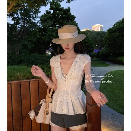 V领棉布刺绣镂空A摆短袖上衣