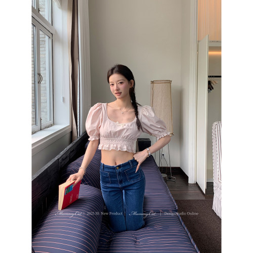 泡泡袖甜美女孩方领收腰短上衣女