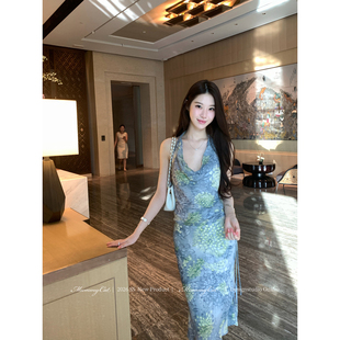 新品 千禧结构主义 100人丝挂脖荡领印花连衣裙 Cat下蛋喵 Mummy