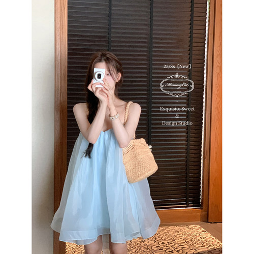 欧根纱抹胸仙女度假鱼骨礼服裙