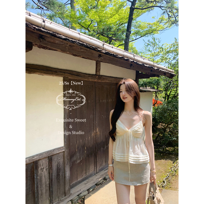 棉布刺绣A摆压褶挂脖绑带吊带