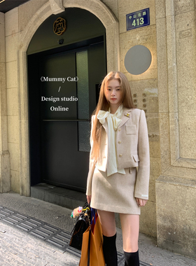 Mummy Cat下蛋喵 牛津学姐复古美拉德羊毛外套A字短半裙套装