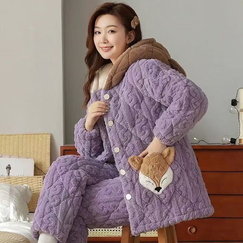 睡衣女冬季珊瑚绒加厚加绒三层夹棉超厚拉链可外穿冬天家居服套装
