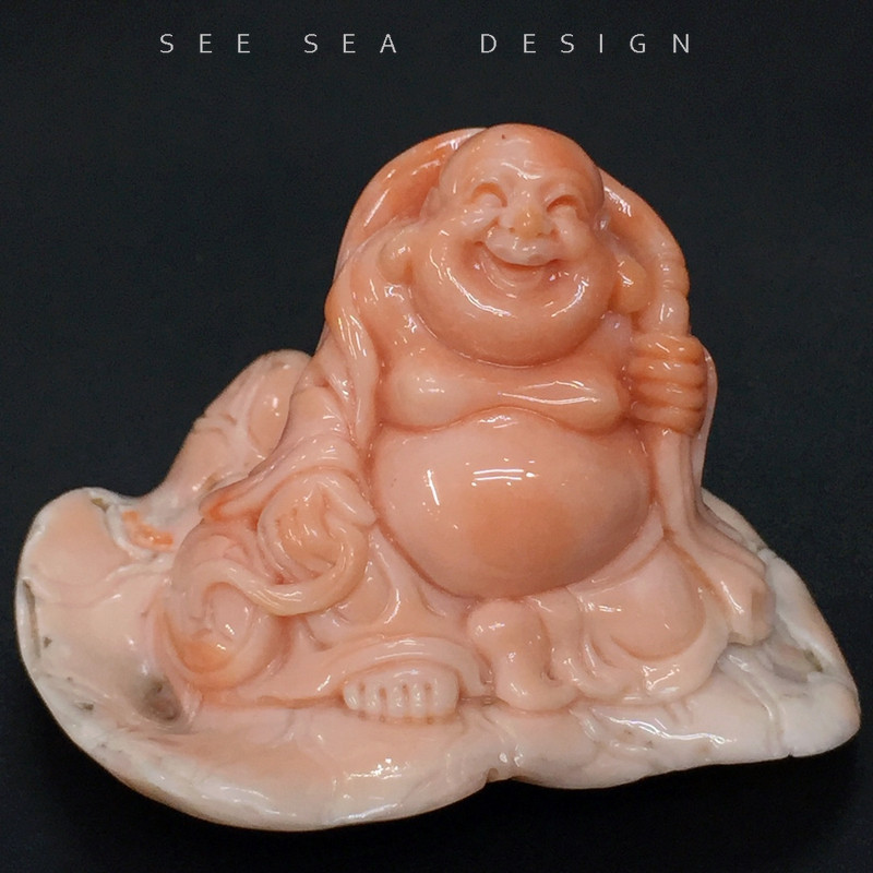 see sea台湾天然粉色有机宝石民族风弥勒佛布袋佛书房摆件200/克