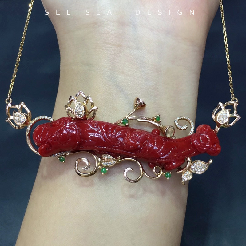 see sea 日本高知有机宝石如意雕件18k钻石 翡翠项链锁骨链 豪华