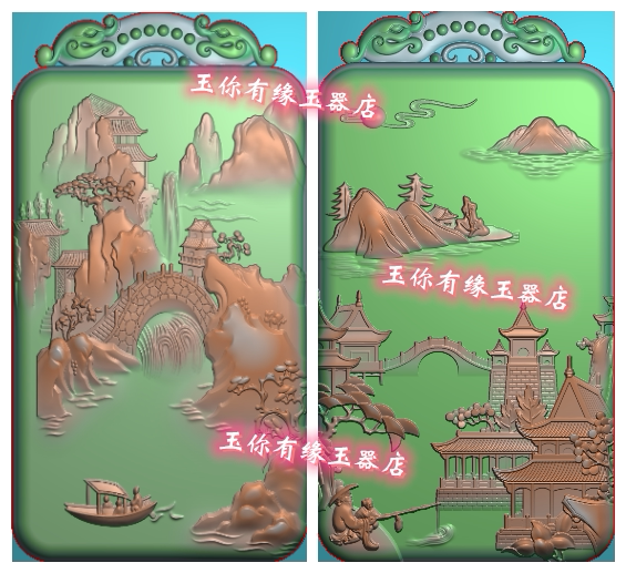 双龙牌山水人物钓鱼双面精雕图jdp亭台阁楼渔船远山枯树玉雕浮雕