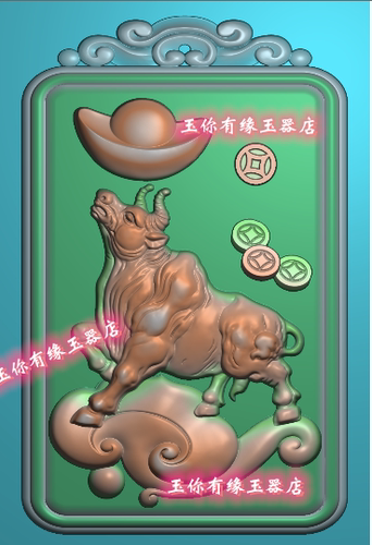 仿古牌头生肖牛元宝牛牌挂件木雕精雕图浮雕玉雕灰度图JDPBMP