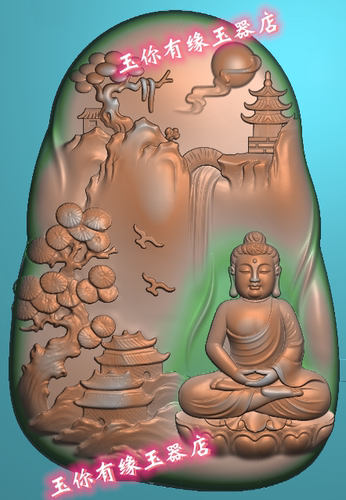 随型山水瀑布小桥宝塔坐佛如来佛祖精雕图浮雕玉雕灰度图JDPBMP