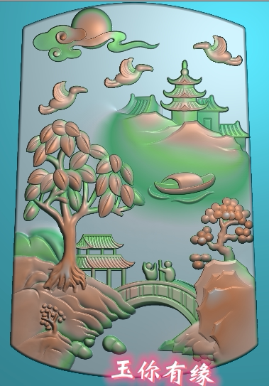 山水瀑布流水精雕图jdp灰度图bmp浮雕图玉雕山水江南水乡人物弹琴