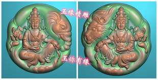 精雕图狮子头文殊菩萨挂件椭圆坐观音普贤大象骑兽玉雕图灰度图