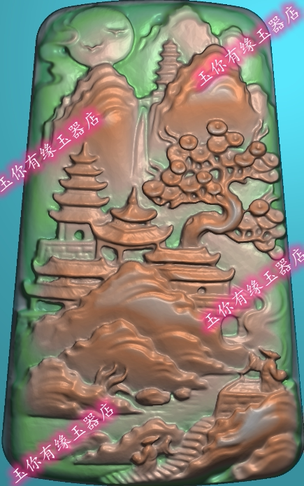 扫描无线条山水人物松树瀑布精雕图浮雕玉雕灰度图JDPBMP电脑雕刻