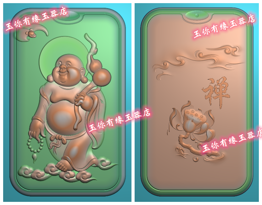 弥勒佛牌精雕图方牌双面浮雕图JDP玉雕图蝙蝠佛莲花两面牌荷花