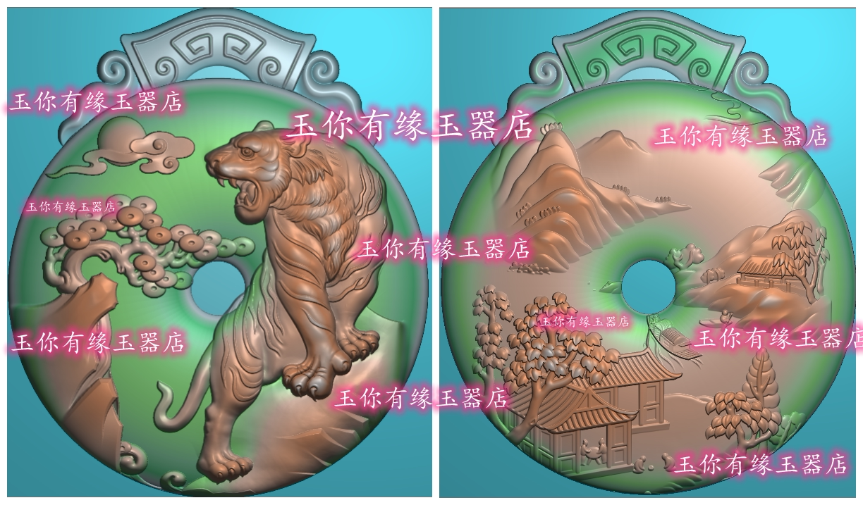仿古牌头双面生肖虎 上山虎山水人物平安扣精雕图浮雕玉雕电脑雕
