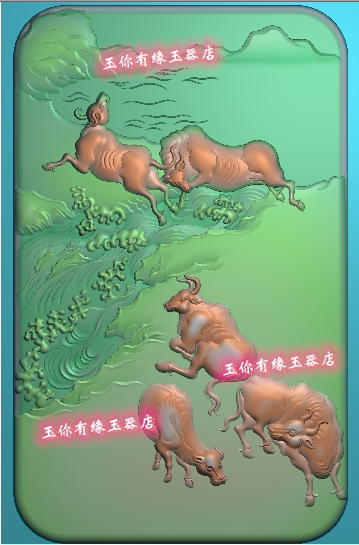 山水牛玉雕图五牛图生肖牛精雕图五牛图五头牛湖泊牛牌雕刻图数