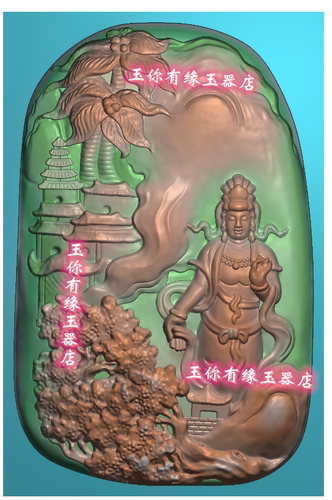 扫描带线条厚装山水托净瓶坐观音挂件精雕图浮雕玉雕灰度图JDP