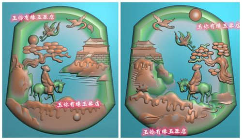 精雕图jdp灰度图bmp浮雕图玉雕随形山水人物李白深山访友小桥