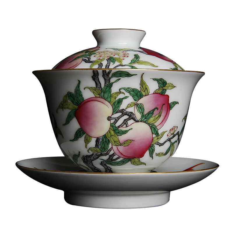 和境堂 景德鎮(zhèn)手繪粉彩描金 三才蓋碗 蟠桃祝壽 蝙蝠雙至元寶蓋碗